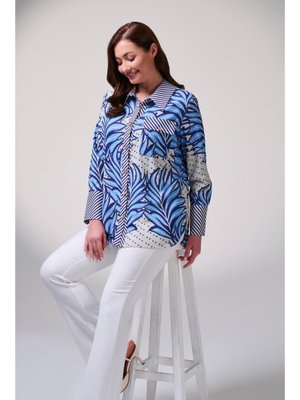 Mavi Büyük Beden Pamuk Saten Baskı Detaylı Gömlek