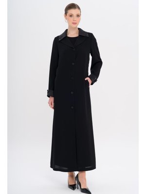 Siyah Üst Yakası Saten Garnili Taş Aksesuarlı Astarlı Büyük Beden Pardesü