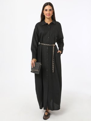 Siyah Boydan Düğmeli Keten Elbise