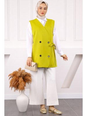 Yağ Yeşili Yan Bağlamalı Dügmeli Krep Yelek