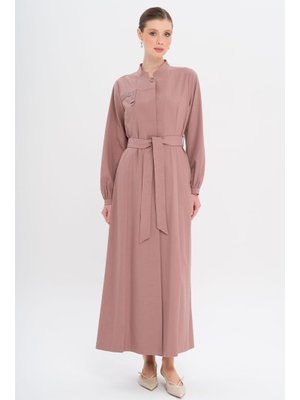 Gül Kurusu Hakim Yaka Taş Ve Desen Detaylı Astarsız Pardesü