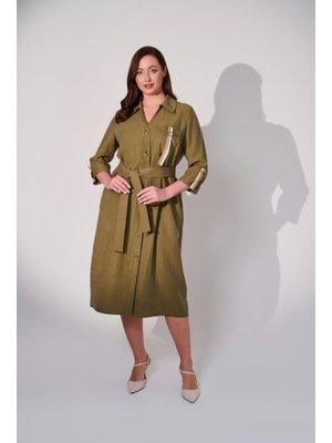 Haki Büyük Beden Cep Ve Kollar Da Aksesuar Detaylı Kemerli Elbise