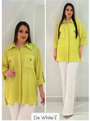 Yeşil Büyük Beden Kolu Katlamalı Çift Cepli Gömlek