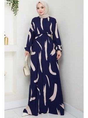 Lacivert Fırça Desenli Yazlık Viskon Elbise Lacivert Fırça Desenli Yazlık Viskon Elbise