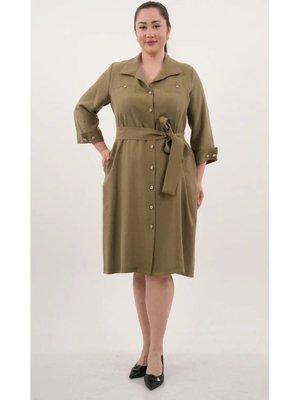 Haki Büyük Beden Kuşaklı Kol Da Aksesuar Detaylı Elbise