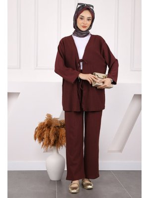 Mürdüm Ön Bağlamalı Bürümcük Kimono Takım