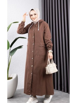 Düğmeli Kapüşonlu Cep Püsküllü Kot Kap Düğmeli Kapüşonlu Cep Püsküllü Kot Kap