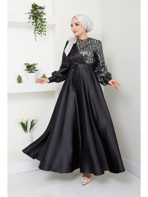 Moda Giyim Tesettür Pul Saten Abiye Elbise Siyah