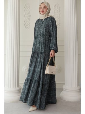 İnce Renkli Desenli Viskon Haki Elbise