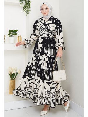 Çiçekli Geometrik Desen Siyah Viskon Takım