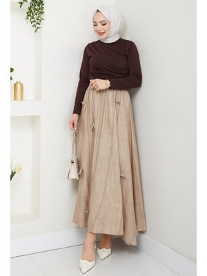 Fiyonk Detay Beli Lastikli Bej Etek Fiyonk Detay Beli Lastikli Bej Etek