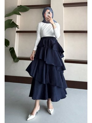 Lacivert Fırfırlı Kat Kat Uzun Etek