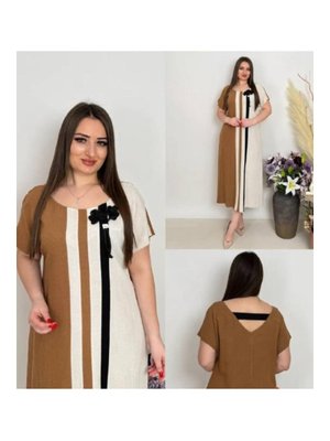 Büyük Beden Garnili Keten Elbise Camel