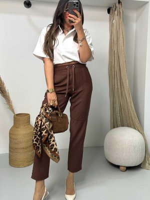 Kahverengi Buruşuk Viskon Havuç Pantolon