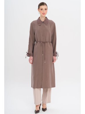 Yakası Boncuk Kolu Büzgü Detaylı Astarsız Modal Kap Kahve Yakası Boncuk Kolu Büzgü Detaylı Astarsız Modal Kap Kahve