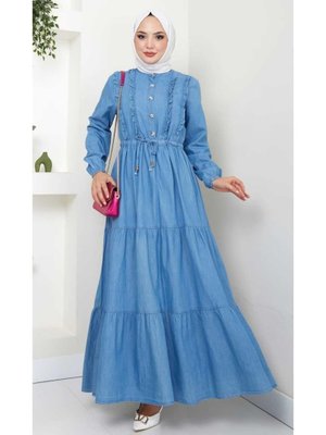 Düğme Detaylı Fırfırlı Kot Elbise