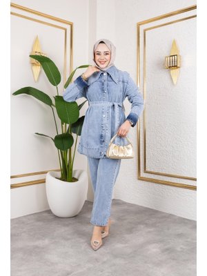 Düğmeli Kuşaklı Denim Takım Düğmeli Kuşaklı Denim Takım