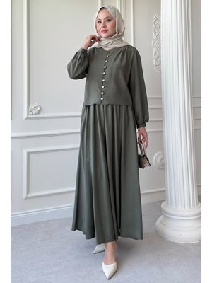 Düğmeli Tencel Etekli Haki Takım