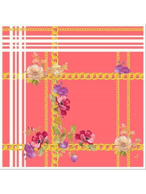 Çiçekli Desen Gold Seri Twill Eşarp Askısı İle Birlikte 90x90 Cm Nar Çiçeği Beyaz