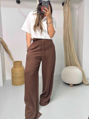 Acı Kahve Lastikli Keten Pamuk Palazzo Pantolon Acı Kahve Lastikli Keten Pamuk Palazzo Pantolon
