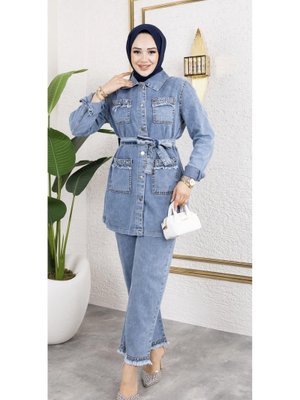 Taş Detaylı 2li Takım Kot Ceket Pantolon Taş Detaylı 2li Takım Kot Ceket Pantolon