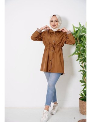 Kol Şeritli Fermuarlı Çıt Çıtlı Kısa Bondit Trençkot