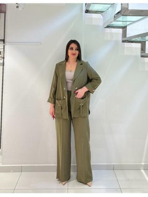 Haki Büyük Beden Beli Lastik Dökümlü Detaylı Pantolon