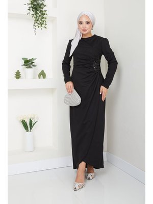 Giyim Moda Pullu Uzun Abiye Elbise Siyah