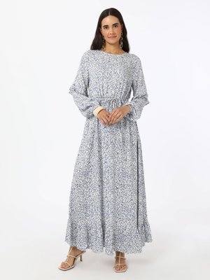 Mavi Desenli Fırfır Detaylı Viskoz Baskılı Elbise