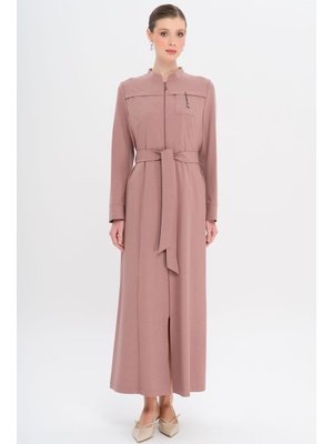 Gül Kurusu Hakim Yaka Fermuar Kapamalı Desen Detaylı Astarsız Pardesü