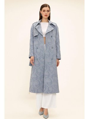 Mavi Yanları Fermuarlı Pelerini Taş Detaylı Astarlı Simli Jakar Trençkot