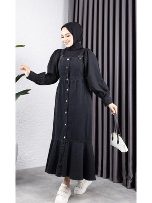 Askılı Eteği Fırfırlı Kot Salopet