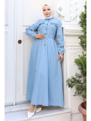 Buz Mavisi Cepleri Taş Detaylı Kot Elbise