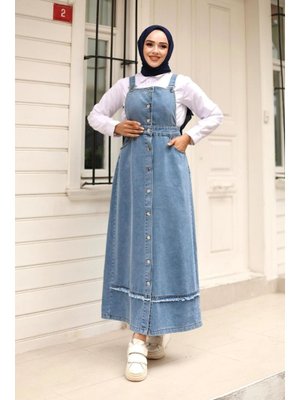 Püskül Detaylı Denim Salopet