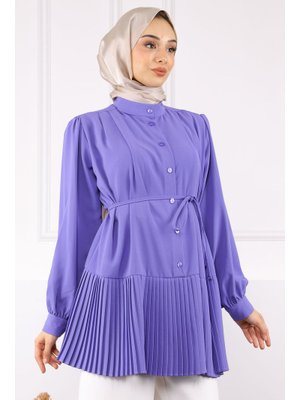 Lila Eteği Piliseli Bel Kuşaklı Tunik