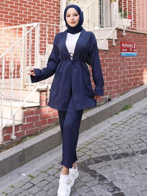 Lacivert Cep Detaylı Kimono Takım Lacivert Cep Detaylı Kimono Takım