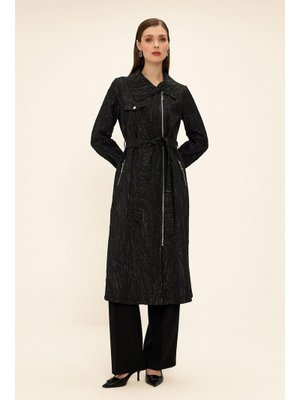 Siyah Mendil Yaka Fermuar Kapamalı Simli Jakar Desenli Astarsız Kap