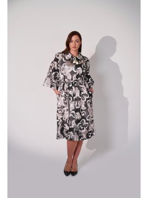 Yeşil Büyük Beden Empirme Baskılı Ve Kemerli Elbise