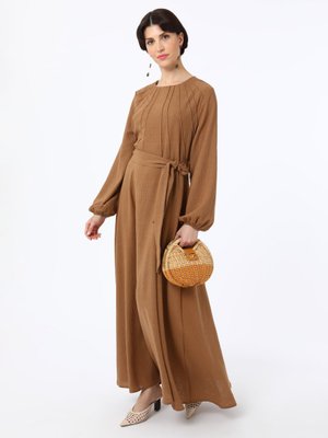 Keten Görünümlü Nervür Detaylı Elbise Acik Kahve