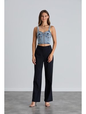 Lacivert Yüksek Bel Cepsiz Palazzo Pantolon Lacivert Yüksek Bel Cepsiz Palazzo Pantolon