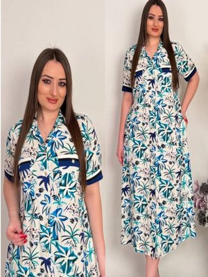 Büyük Beden Çift Cepli Empirme Baskılı Elbise Saks