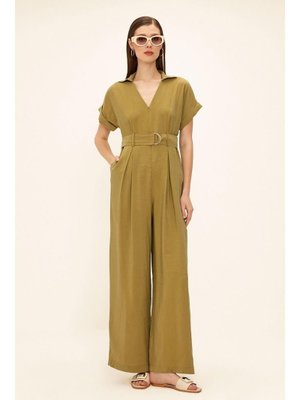 Yeşil Kısa Kollu Kemer Detaylı Modal Tulum