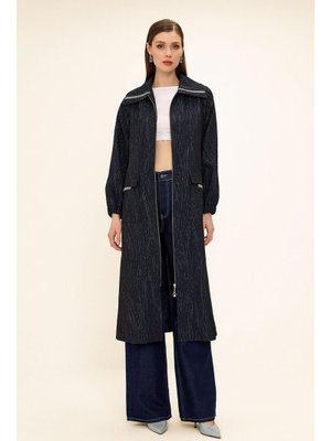 Lacivert Fermuarlı Taş Zincir Detaylı Astarlı Simli Jakar Kap