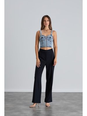 Lacivert Yüksek Bel Çimalı Palazzo Pantolon Lacivert Yüksek Bel Çimalı Palazzo Pantolon