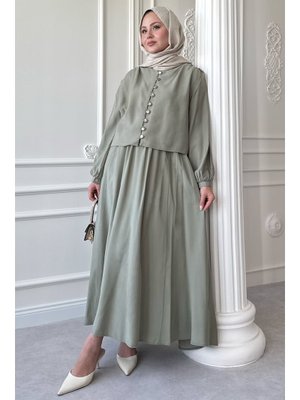 Düğmeli Tencel Etekli Mint Takım