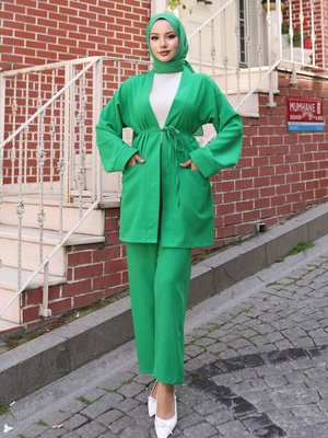 Zümrüt Cep Detaylı Kimono Takım