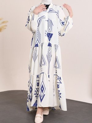 Ekru Yarım Düğmeli Kolu Lastikli Desenli Elbise Ekru Yarım Düğmeli Kolu Lastikli Desenli Elbise