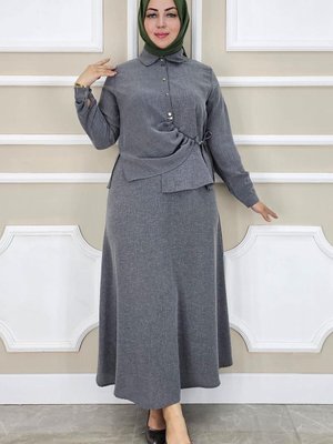 Gri Bağlama Detaylı Etekli İkili Takım