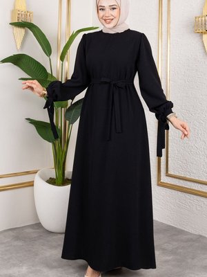 Siyah Manşeti Bağcıklı Elbise