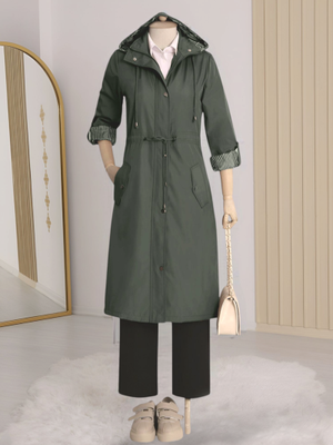 Haki Astarı Çizgili Trençkot